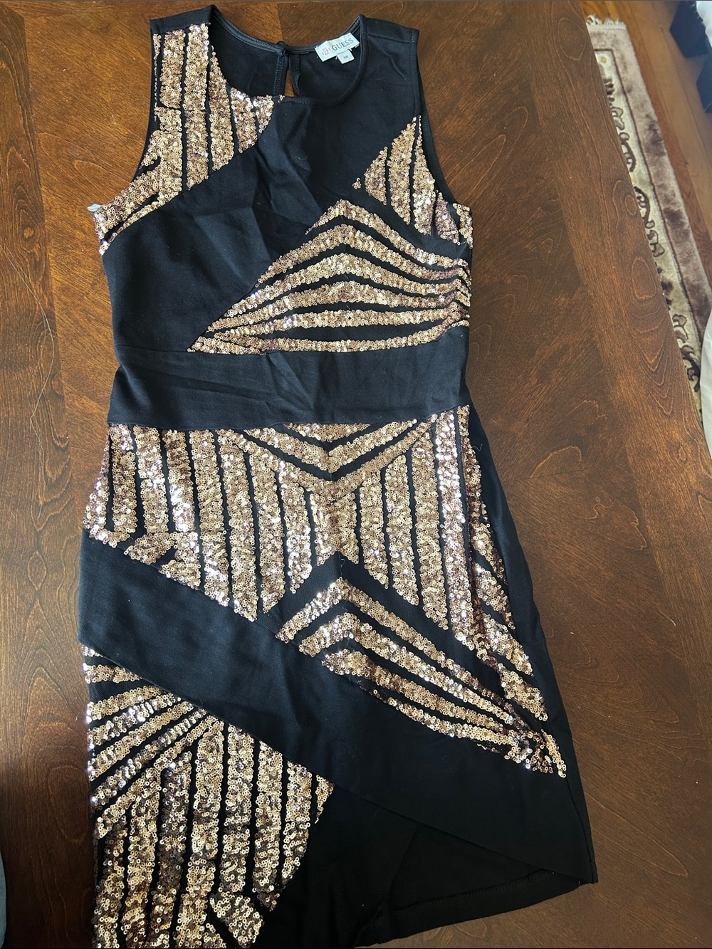 Guess Black Midi Dress with Gold Sequin Geometric Panels